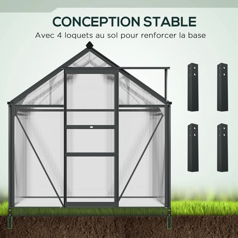 Outsunny Serre de jardin polycarbonate 190 x 132 x 201 cm résistant aux UV 30+ fondation renforcé gouttière gris