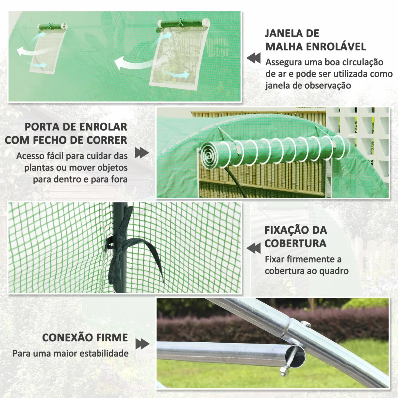 Outsunny Estufa Tipo Túnel 3x3x2 m com Paredes Laterais Enroláveis 4 Janelas de Malha e Porta Enrolável com Fecho de Correr Verde