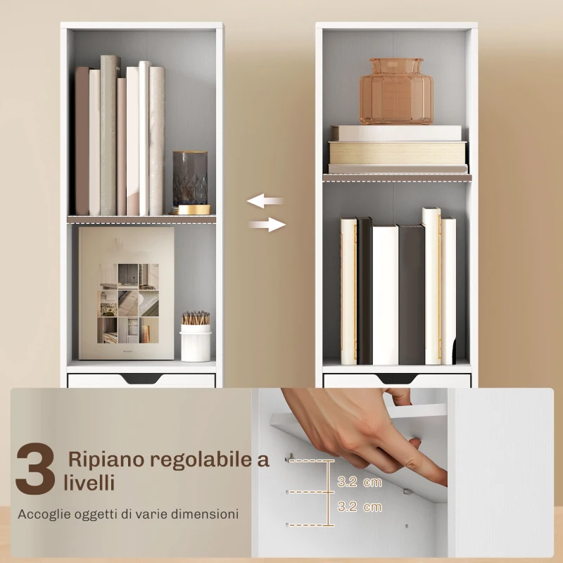HOMCOM Scaffale Libreria a 4 Ripiani Aperti con Armadietto e Cassetto, 30x24x158 cm, in Legno Bianco