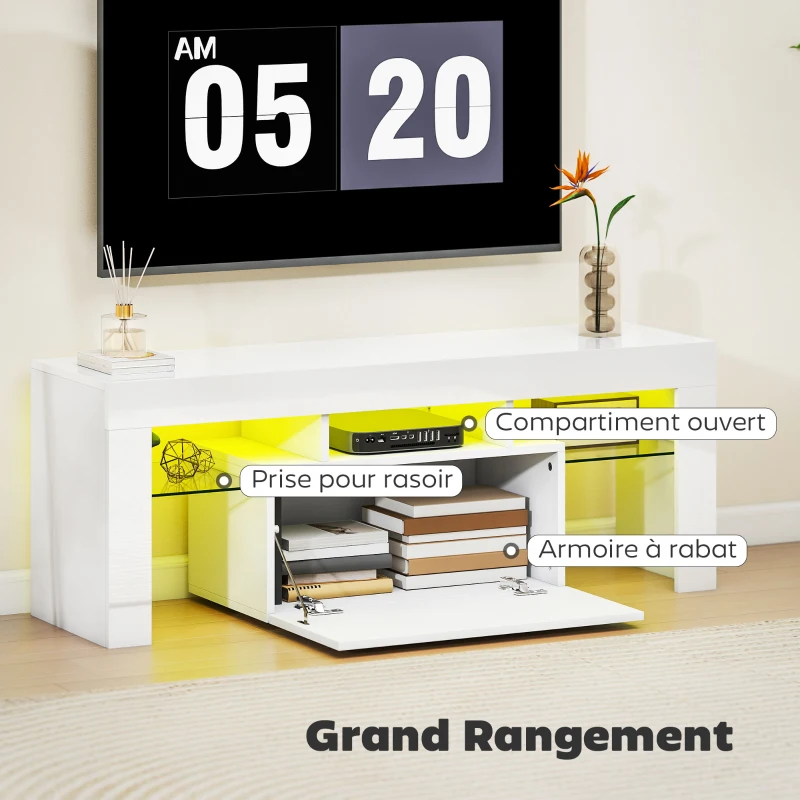 HOMCOM Meuble TV, meuble télé avec éclairage LED RGB, haute brillance, étagères en verre trempé, 120x34x45cm, blanc
