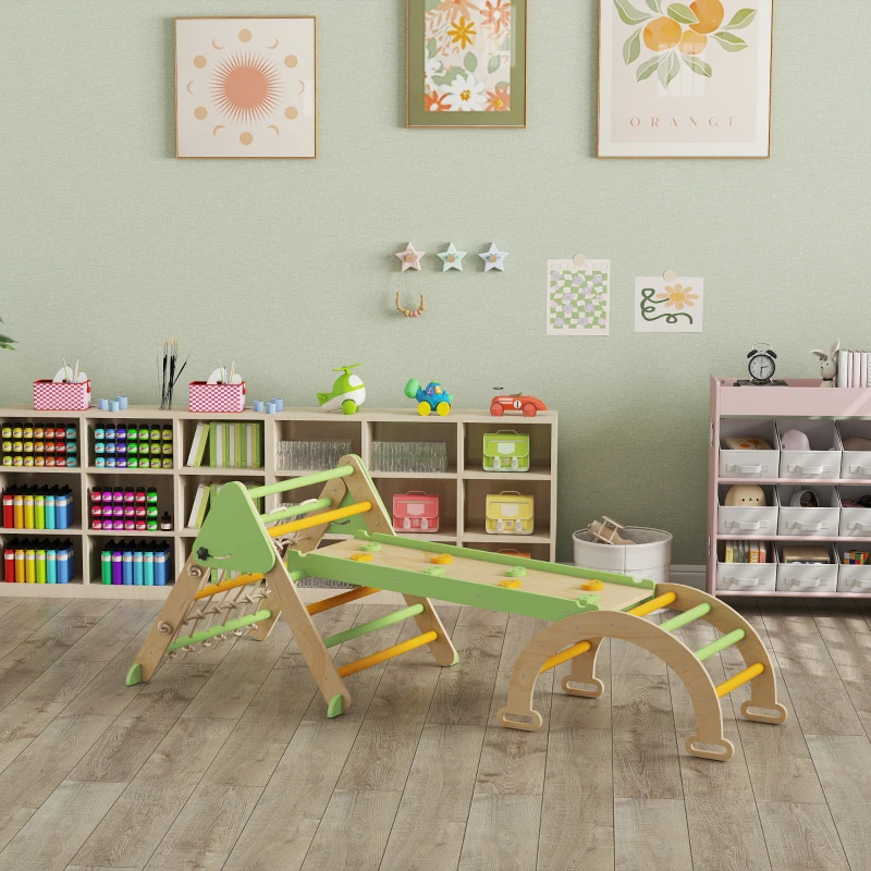 AIYAPLAY 8-in-1 Montessori klimrek voor binnen houten klimdriehoek met klimboog, dubbelzijdige glijbaan, Groen