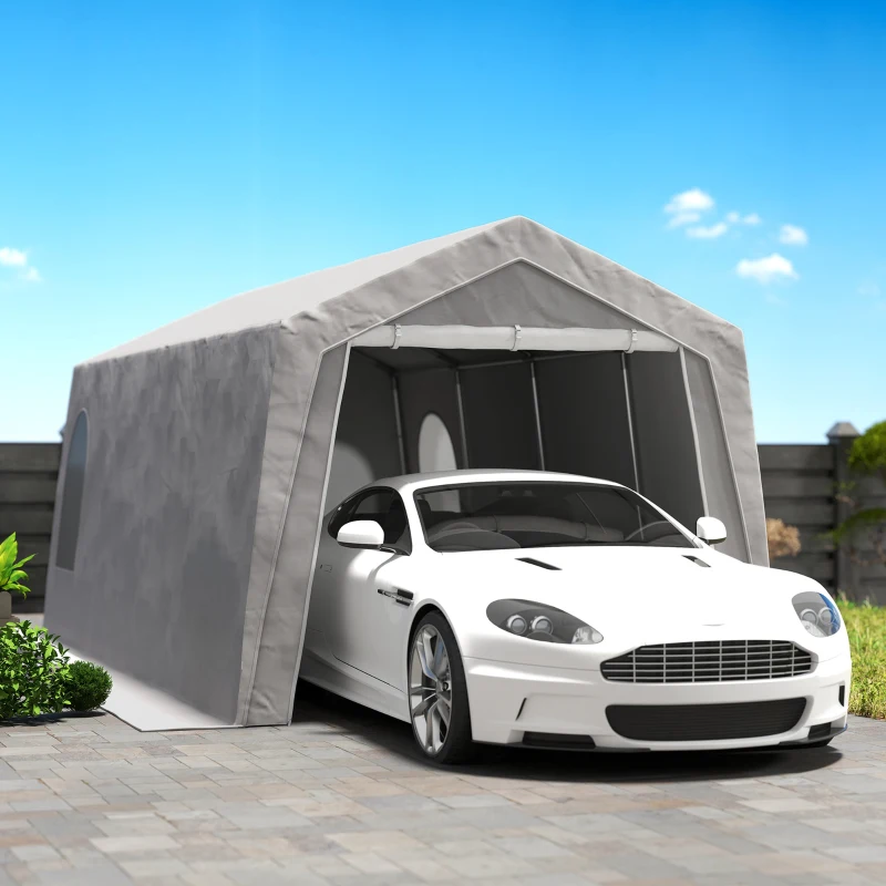 Outsunny 3 x 6 m Waterdichte Tuinschuur met UV-bestendig Kunststof Zeil en Metalen Frame, Lichtgrijs