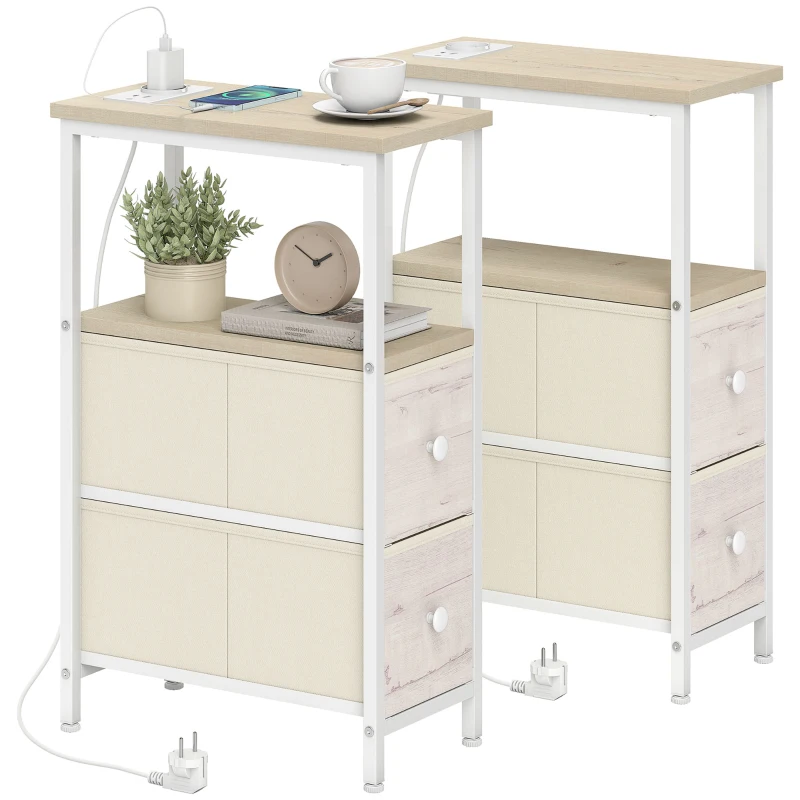 HOMCOM Set di 2 Tavolini Laterali Stretti con Presa CA Porta USB Porta USB-C 2 Cassetti in Tessuto legno naturale