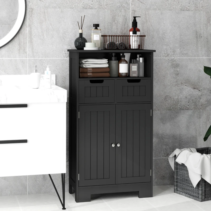 kleankin Meuble Bas de Salle de Bain Multi-rangements Grande Niche 2 tiroirs Placard Double Porte avec étagère Noir