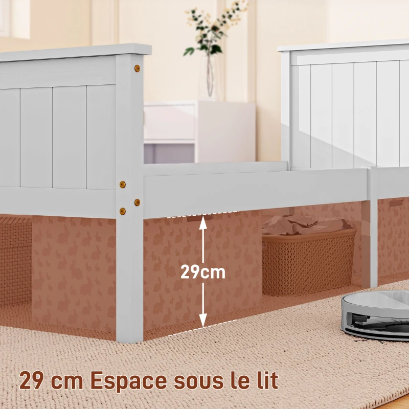 HOMCOM Cadre de lit 90 x 200 cm, lit simple en bois massif avec sommier à lattes tête et pied inclus, assemblage facile, blanc