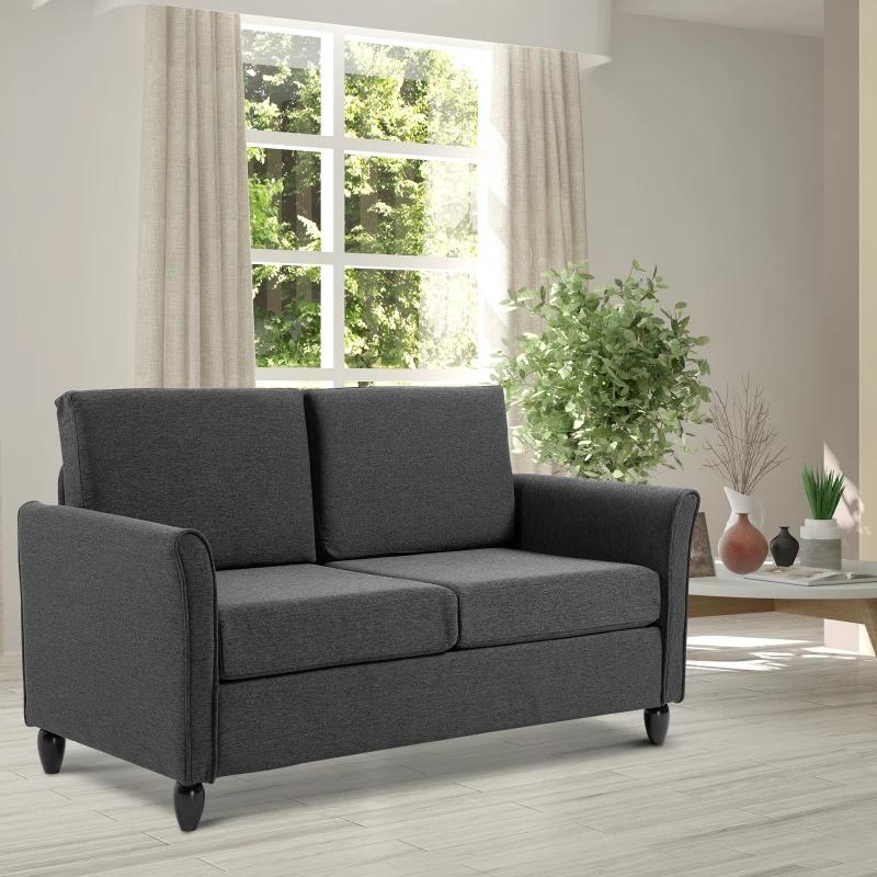 HOMCOM Canapé 2 Places Design scandinave dim. 141L x 70l x 78H cm Pieds Bois Massif Tissu Lin Gris foncé