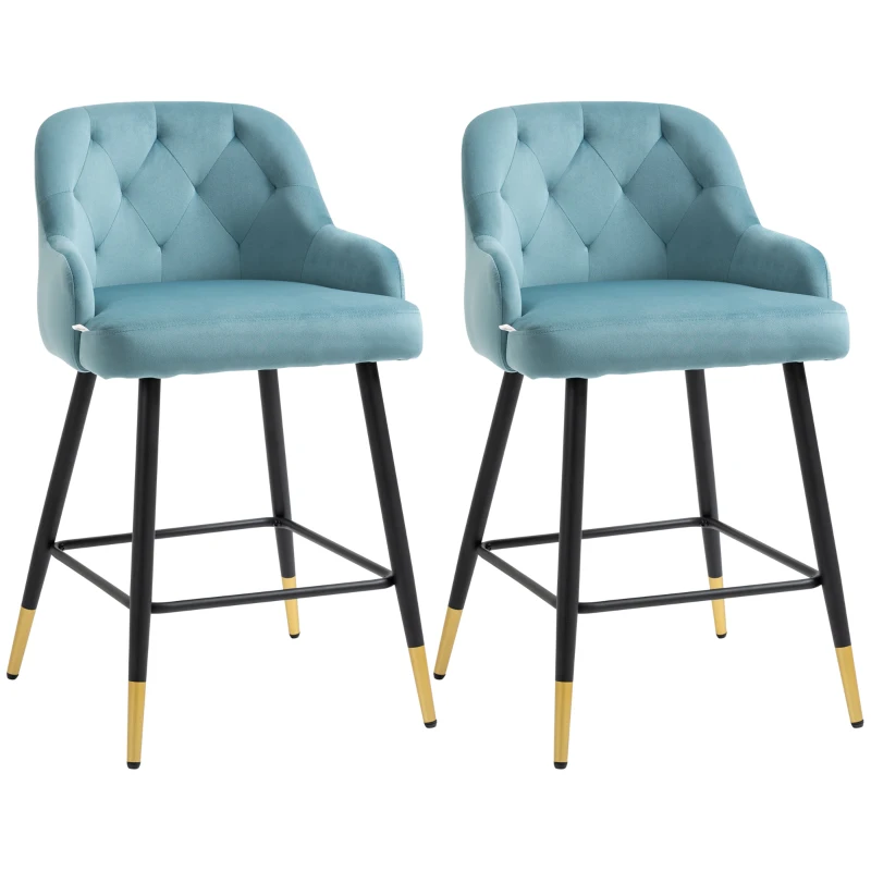 HOMCOM Lot de 2 tabourets de bar chaises hautes capitonnées aspect velours, pieds métal noir et doré avec repose-pieds, accoudoirs hauteur 61 cm - bleu