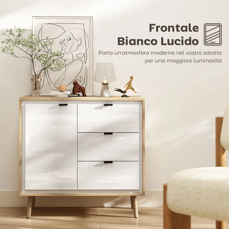 HOMCOM Credenza Moderna con 3 Cassetti e Armadietto, Ripiano Interno Regolabile e Ante Lucide, Bianco e Rovere