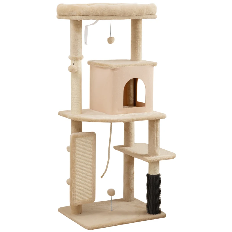 PawHut Albero per Gatti Multilivello Alto 132 cm con Casetta, Lettino, Pali Tiragraffi, Spazzola e Pallina, Beige