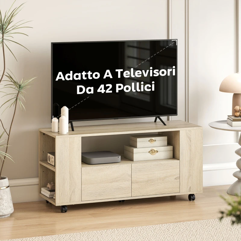HOMCOM Mobile Porta TV da 42" con Ruote Girevoli e Freno, Ripiani Regolabili e Cassetti, 102x34.5x48.5 cm, Legno