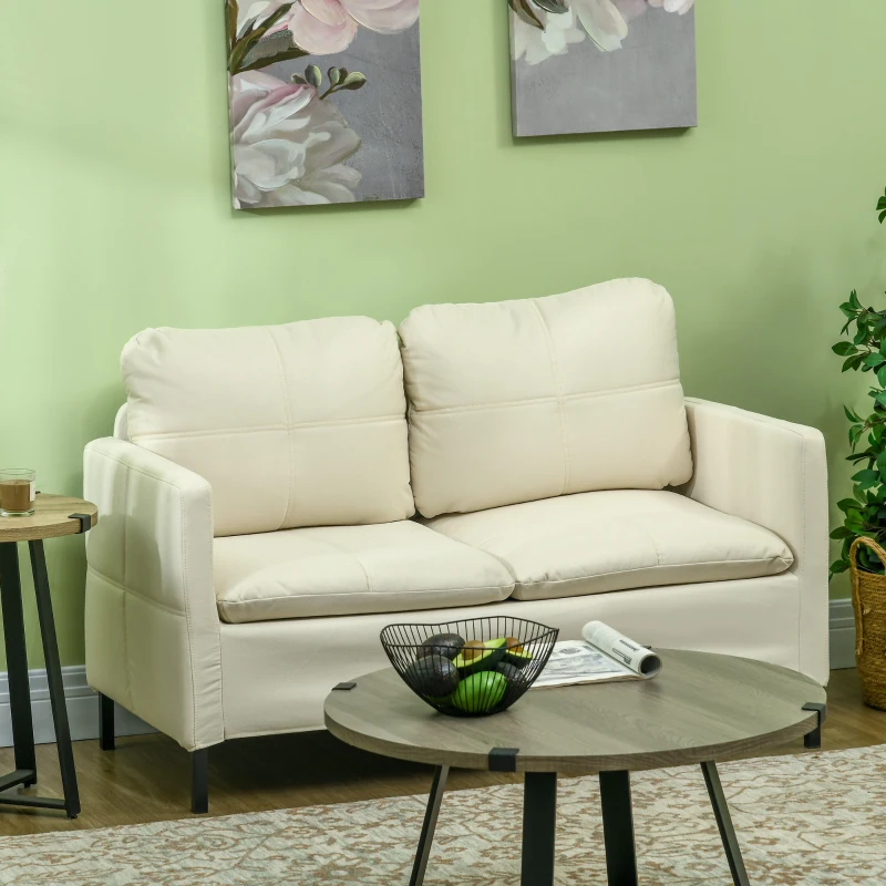 HOMCOM Canapé 2 places contemporain piètement métal noir tissu aspect lin crème