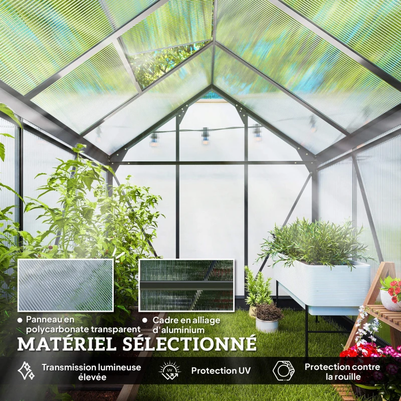 Outsunny Serre de jardin polycarbonate 3,65m² 190 x 192 x 201 cm résistant aux UV fondation renforcé gouttière Gris