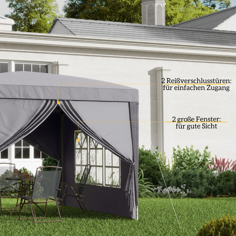 Outsunny 3 x 3 m Pavillon mit 4 Seitenwänden, Fenster, Festzelt mit UV-Schutz, Gartenzelt inkl. Tragetasche, Stahl, Grau
