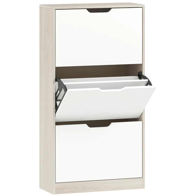 HOMCOM Schmaler Schuhschrank 3 Klapptüren Schuhschrank für Eingangsbereich für 18 Paar Schuhe 62,5x26x117,5 cm Eiche und Weiß