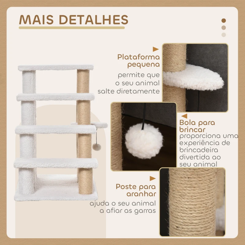 PawHut Escada para Gatos de 4 Níveis Coberta de Pelúcia Suave Poste de Juta Bola Pendurada Arranhador para Gatos 60x40x64 cm Branco