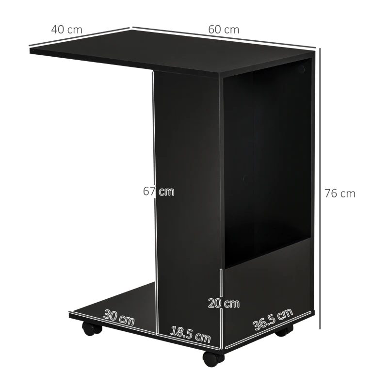 HOMCOM Mobile Sofa Side Table C-Shape End Table with Storage and Casters for Laptop Coffee Snack, Black