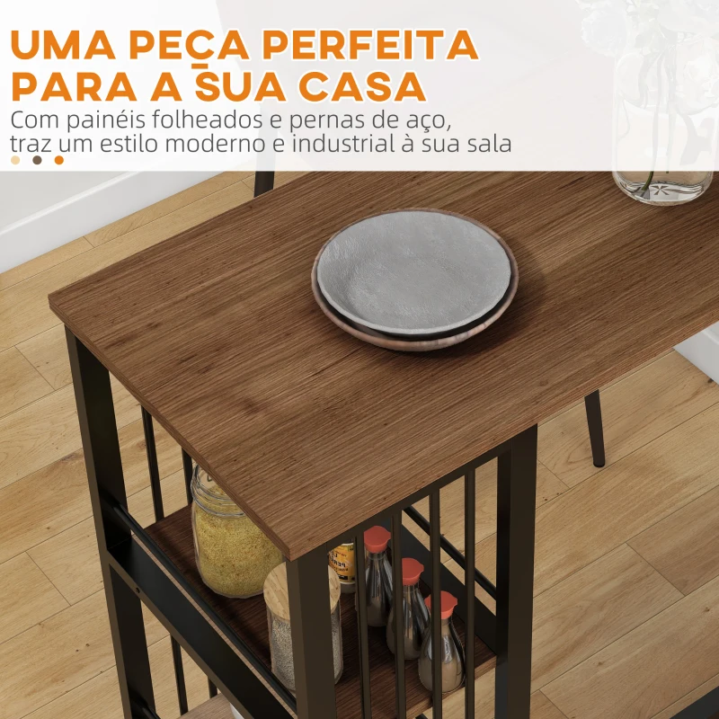 HOMCOM Mesa Alta de Cozinha com 3 Prateleiras Mesa de Bar Retangular para 2 Pessoas Pés de Aço 120x40x105 cm Castanho e Preto