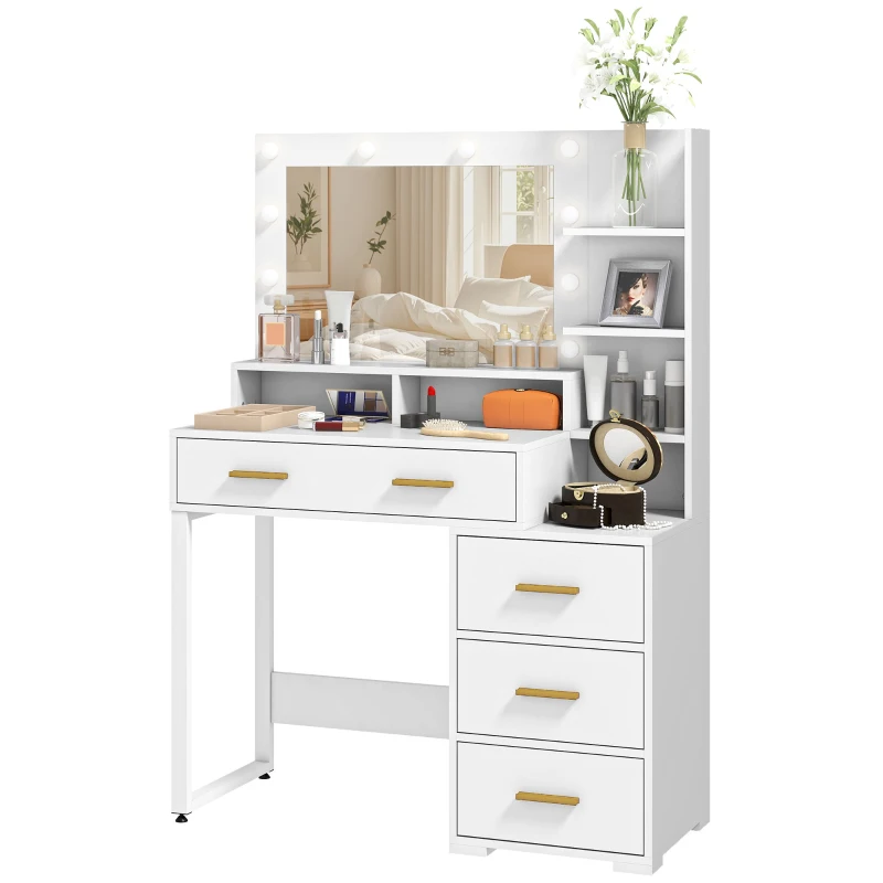 HOMCOM Tavolo da Trucco in Legno con 4 Cassetti, 6 Ripiani Aperti e Specchio, 100x40x138 cm, Bianco