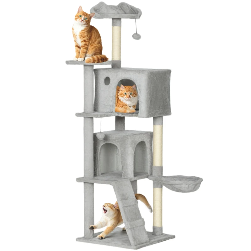 PawHut Árbol Rascador para Gatos 160 cm con Plataformas Cama 2 Cuevas Hamaca Escalera Postes de Sisal Gris Claro