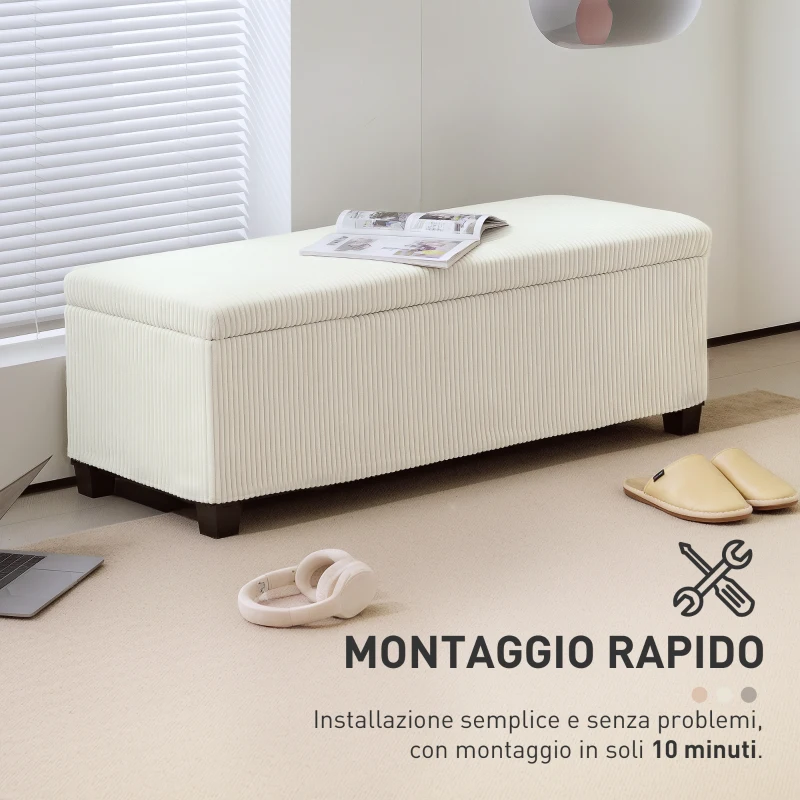 HOMCOM Panca Fondo Letto con Spazio Contenitore da 84L, in Tessuto Effetto Velluto a Coste e Acciaio, 112x42x40 cm, Beige