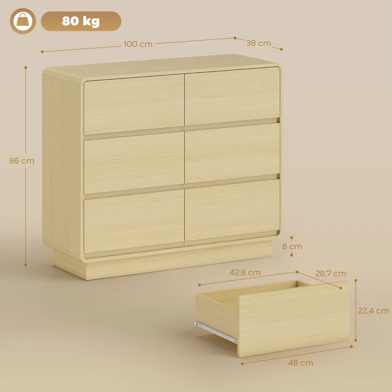 HOMCOM 100 cm Sideboard, kredens z 6 szufladami, komoda do kuchni, salonu, jadalni, drewno naturalne