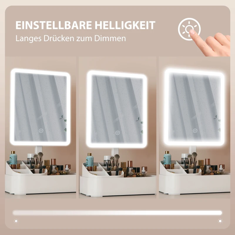 HOMCOM Schminkspiegel mit Beleuchtung wiederaufladbar 180°Drehbar LED Kosmetikspiegel mit 2 Beleuchtungsmodi, Weiß