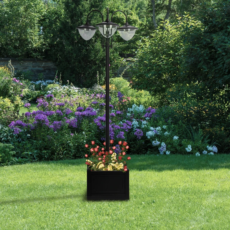 Outsunny Lampadaire de jardin luminaire extérieur solaire LED 3 têtes 150 Lm jardinière intégrée dim. 41,5L x 41,5l x 189H cm noir