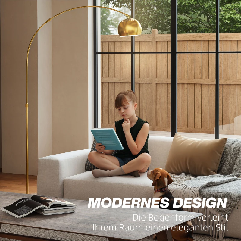 HOMCOM Stehlampe, Bogen-Design mit Marmorsockel, 180 cm, Schwarz+Gold
