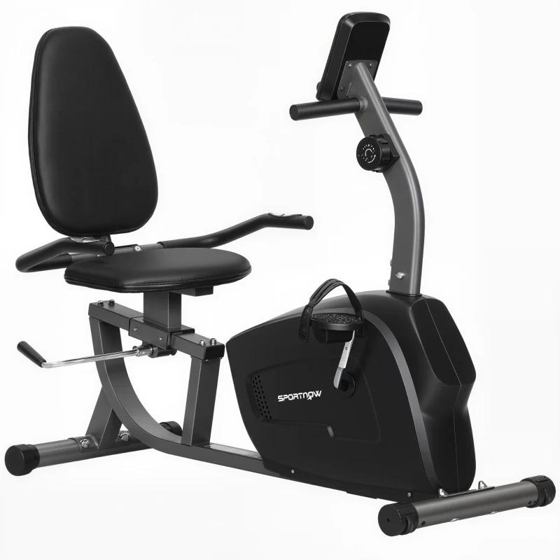 SPORTNOW Heimtrainer, Magnet-Liegerad, 8 Widerstandsstufen, verstellbar, LCD-Monitor, Metall, Kunststoff, Schwarz