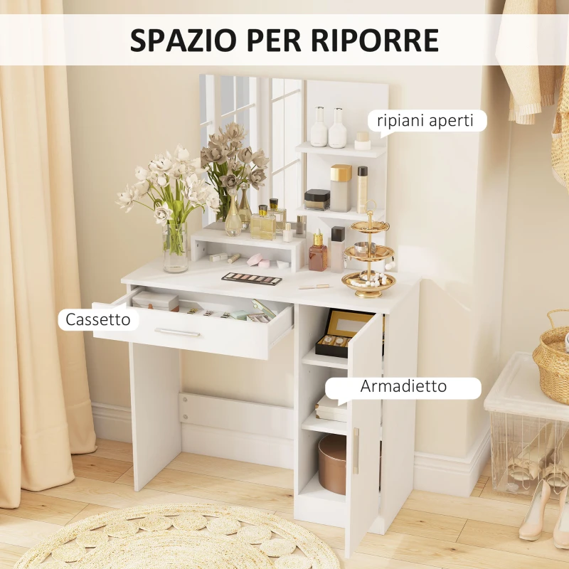 HOMCOM Toeletta da Camera con Armadietto, Cassetto, Specchio per Trucco e Ripiani Aperti, 90x38x138 cm, Bianco