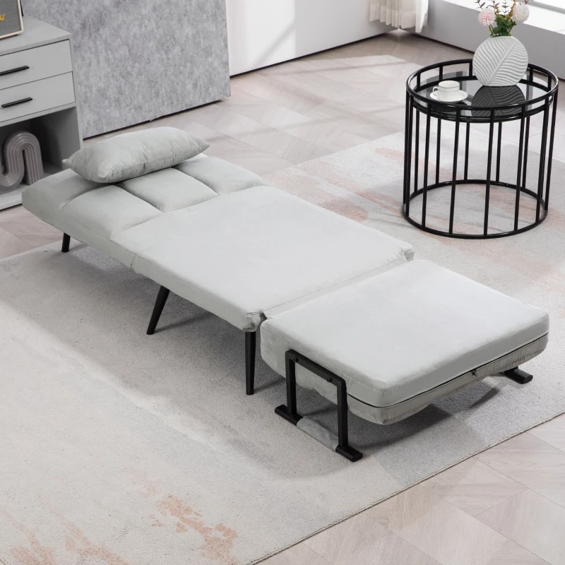 HOMCOM Fauteuil convertible 3 en 1 lit 1 place dossier inclinable 5 positions, accoudoirs et coussin, tissu effet velours, gris