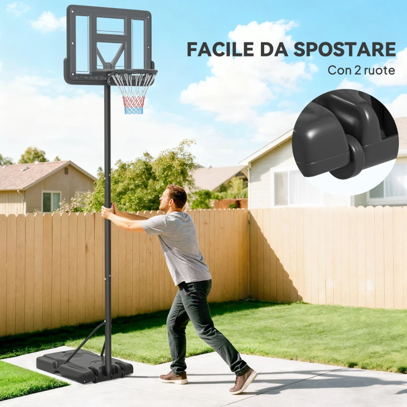 SPORTNOW Canestro Basket ad Altezza Regolabile per Giardino e Piscina con Base Riempibile, 110x75x195-370 cm, Nero