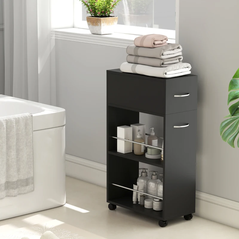 HOMCOM Carrello da Cucina con 2 Ripiani Aperti, Cassetto e Parapetti, Legno e Acciaio Inox, 25x50x85 cm, Nero