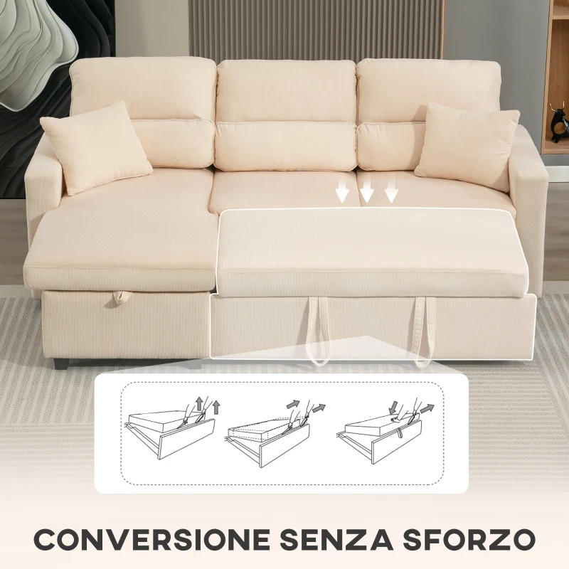 HOMCOM Divano Letto Angolare con Vano Contenitore, Rivestimento in Velluto a Coste e 2 Cuscini, 205x135x76 cm, Beige