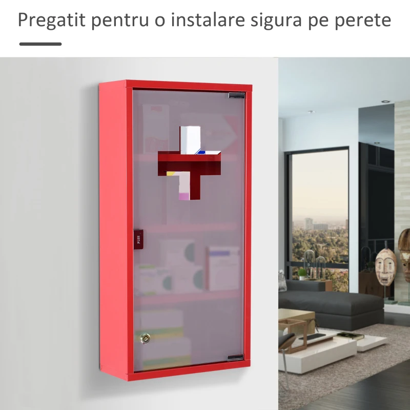 HOMCOM Dulap Trusa Prim Ajutor pentru Medicamente Rosu, 60x30x12cm