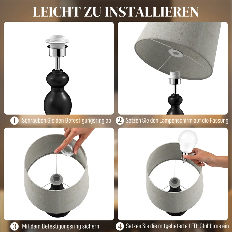 HOMCOM Tischlampe LED Tischleuchte mit 3 Farbtemperaturen, Nachttischlampe mit USB A+C Ladeanschlüssen, Leinenschirm, Schwarz