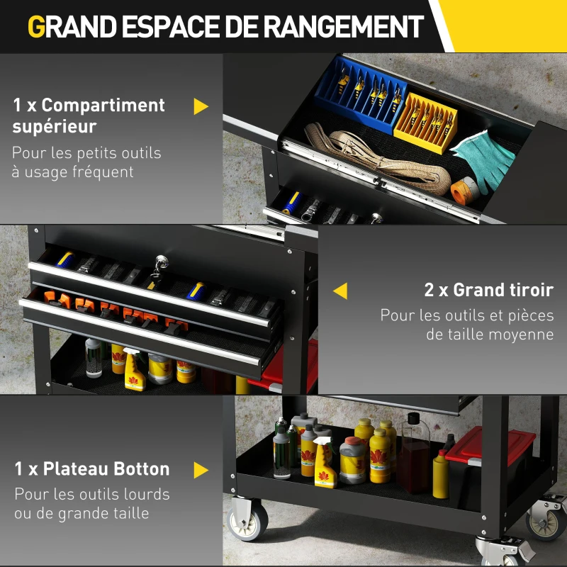 HOMCOM Chariot d'atelier, servante d'atelier sur roulettes avec plateau coulissant, tiroirs verrouillables, 130x38x80cm, noir