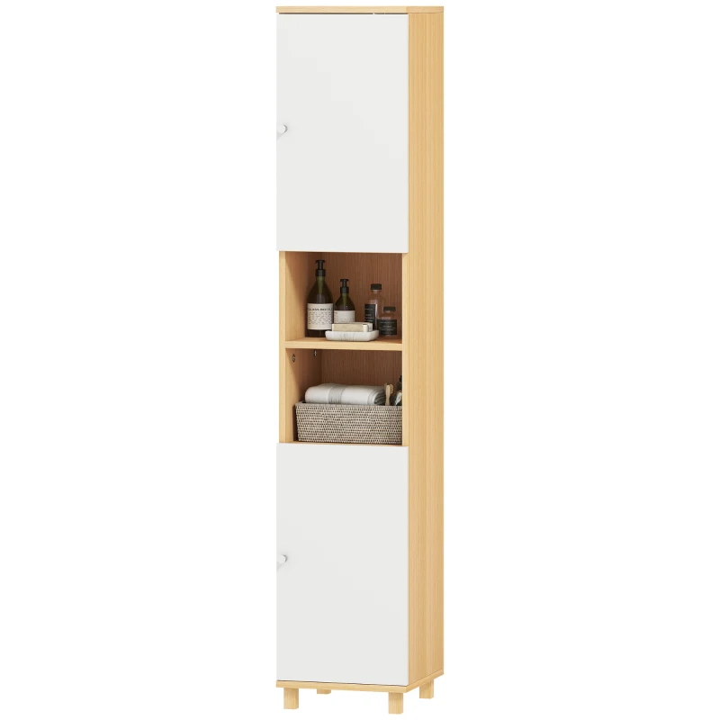 HOMCOM Colonna Bagno Moderno con 2 Armadietti e Ripiani Aperti, Mobile Salvaspazio con Mensole Interne Regolabili, Bianco e Legno | Aosom Italy