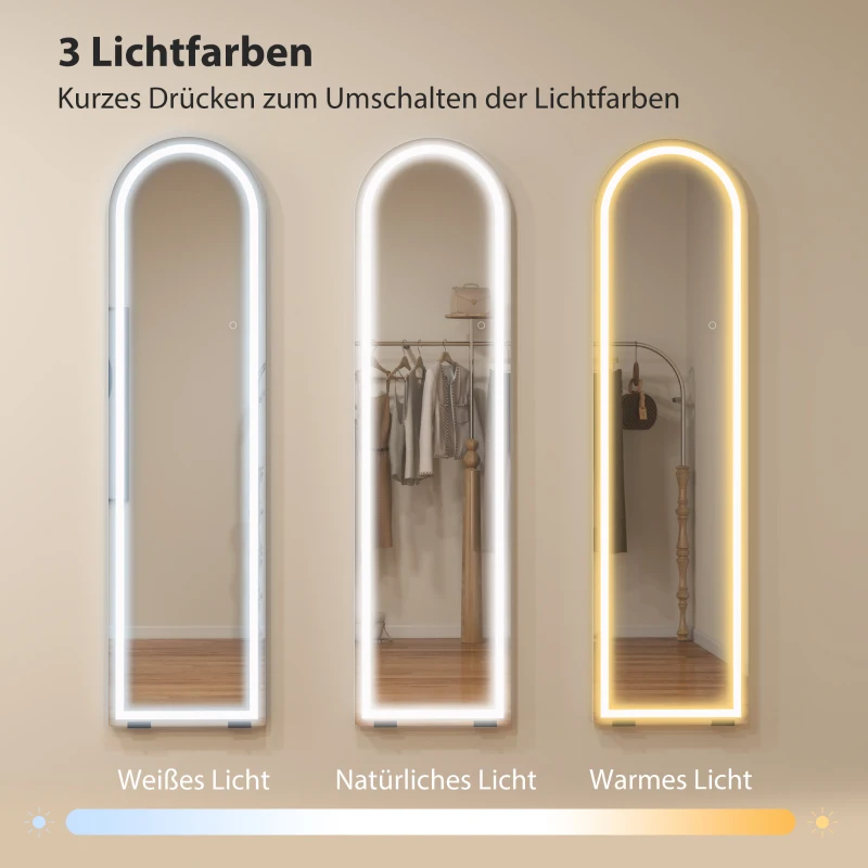 HOMCOM Volle-lengte spiegel met LED-licht, 150 x 40 cm, boogvormig, dimbaar, 3 lichtkleuren, vrijstaand of muurmontage, wit