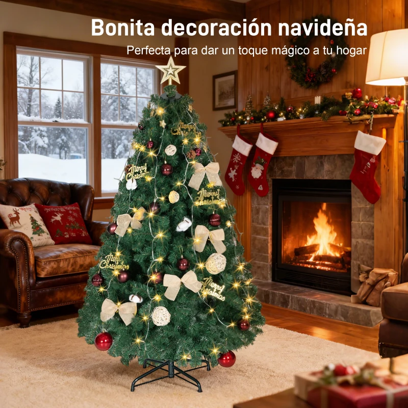 HOMCOM Árbol de Navidad 150 cm con Adornos 150 Luces LED Blanco Cálido 8 Modos de Iluminación 480 Ramas Verde