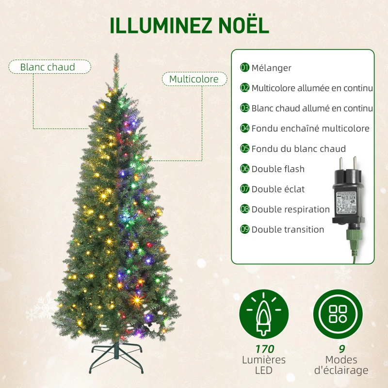 HOMCOM Sapin de Noël artificiel 150 cm, arbre de Noël fin avec 170 lumières, 635 pointes, support en métal pliable, vert