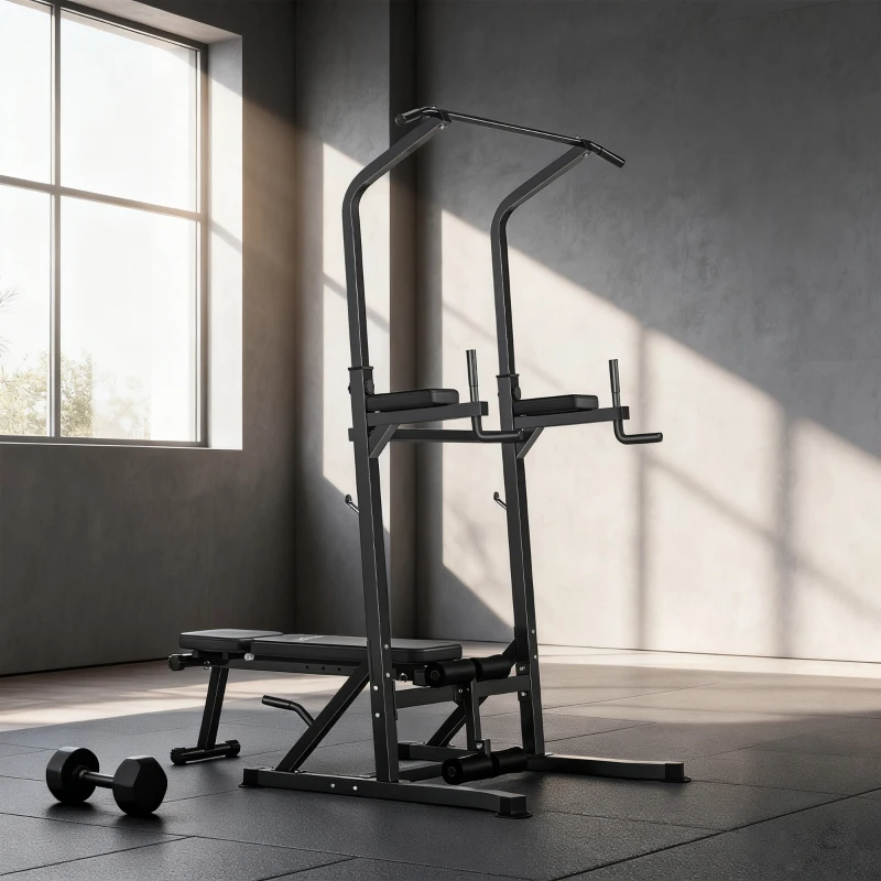 HOMCOM Estación de Musculación Torre de Entrenamiento Altura Ajustable con Barra de Dominadas y Banco Plegable para Fitness en Casa Gimnasio Carga 150 kg 99x178x230 cm Negro