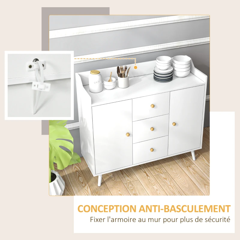 HOMCOM Buffet, meuble de rangement avec 2 portes, 3 tiroirs et pieds en bois massif, style moderne, 90 x 32 x 80 cm, blanc