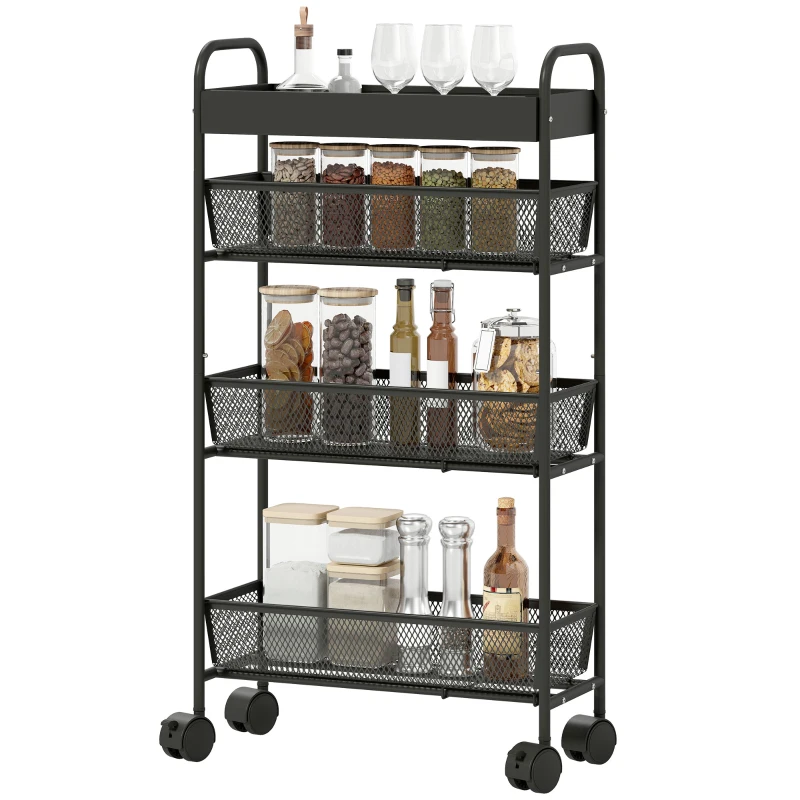 HOMCOM 4-Tier Storage Cart, Rolling Trolley, 3 Sliding Baskets, Top Tray 19 x 43.2 x 80 cm Black