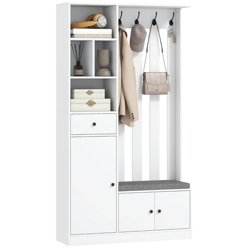 HOMCOM 180 cm Garderobenschrank mit Kleiderständer, Schuhbank, 4 Haken, offene Ablageflächen, MDF, Weiß