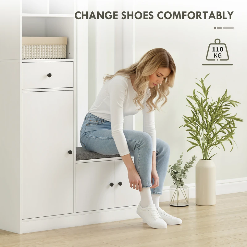 HOMCOM 180 cm Garderobenschrank mit Kleiderständer, Schuhbank, 4 Haken, offene Ablageflächen, MDF, Weiß