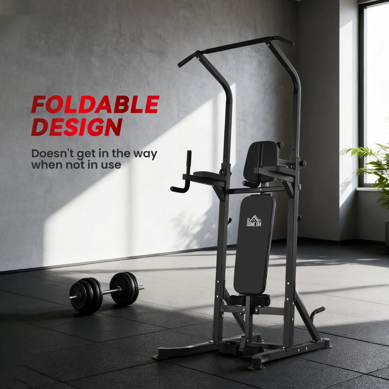 HOMCOM Pull Up Station with Adjustable Weight Bench, Dip Station and Barbell Rack, Multi-Function Power Tower Free Standing Pull Up Bar for Home Gym