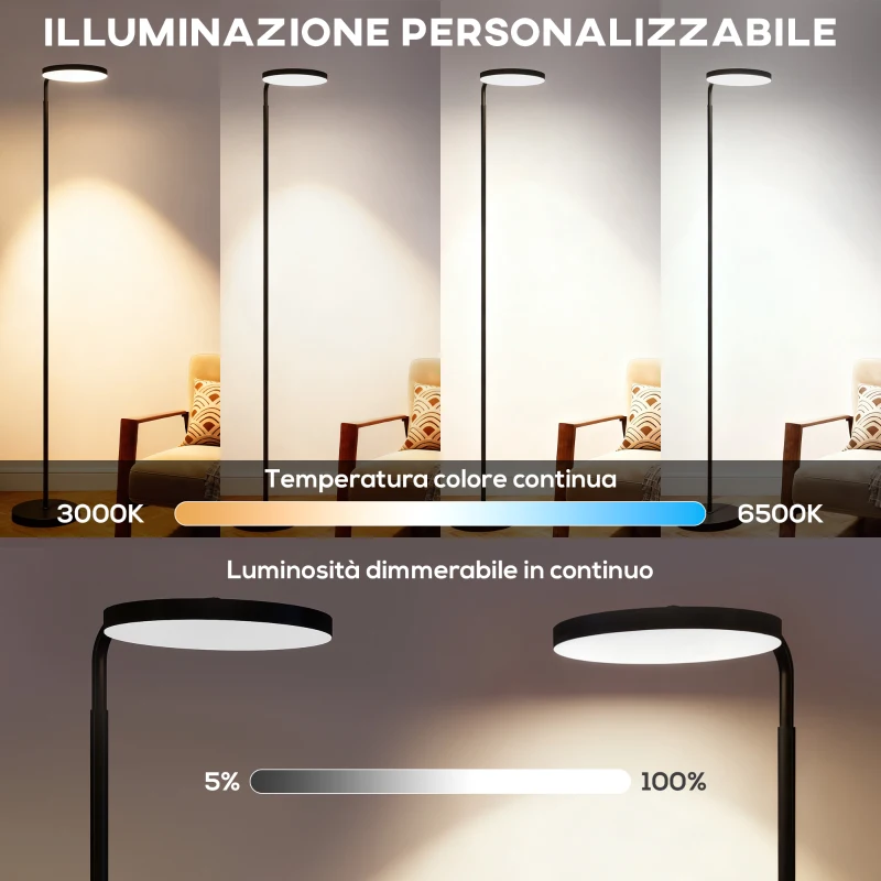 HOMCOM Lampada da Terra LED con Testa Girevole a 350° e Telecomando Magnetico, Regolazione Continua 3000K-6500K, Nero