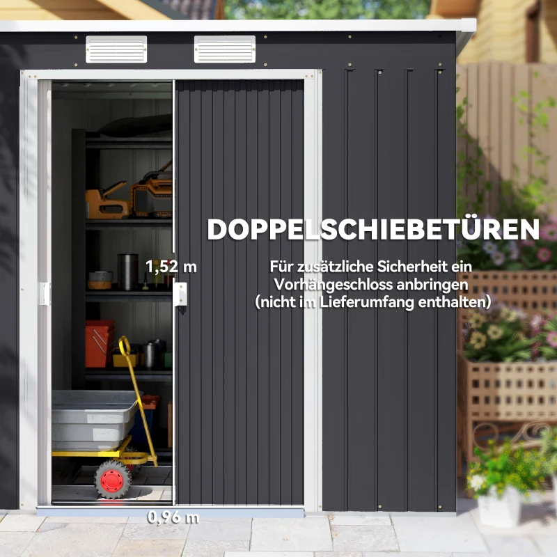 Outsunny Geräteschuppen, mit Lüftungsfenstern, Schiebetüren, verzinkter Stahl, 213 x 130 x 172 cm, Dunkelgrau
