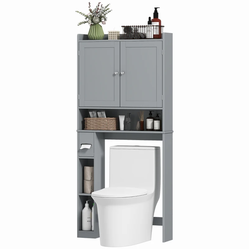 HOMCOM Mueble WC sobre el inodoro o lavadora, 2 puertas, 3 compartimentos, portarrollos de papel higiénico, 80x19,5x170cm, gris